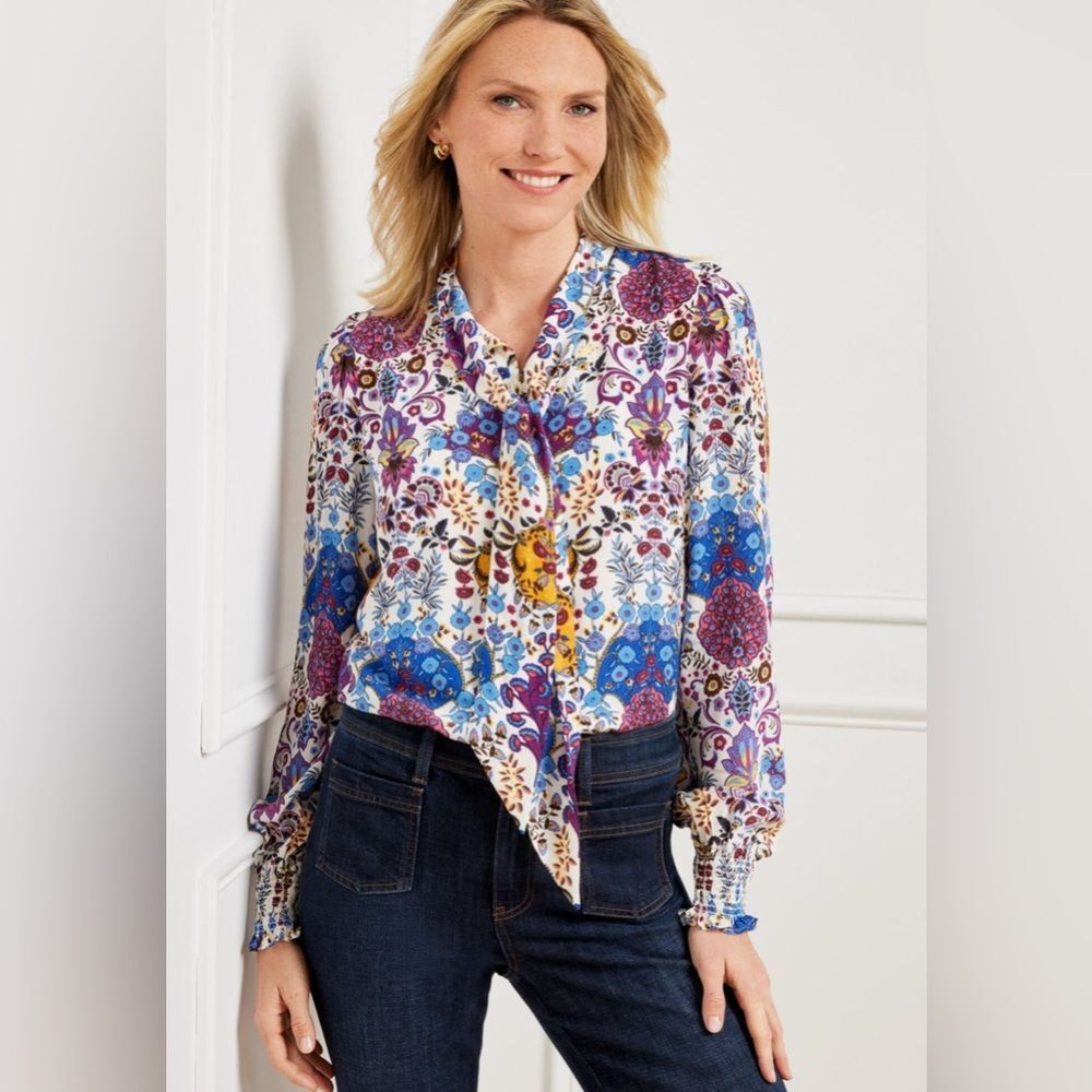 Talbots Petite Floral Print Tie-Neck Blouse MP Viscose Long Sleeve Boho Chic
